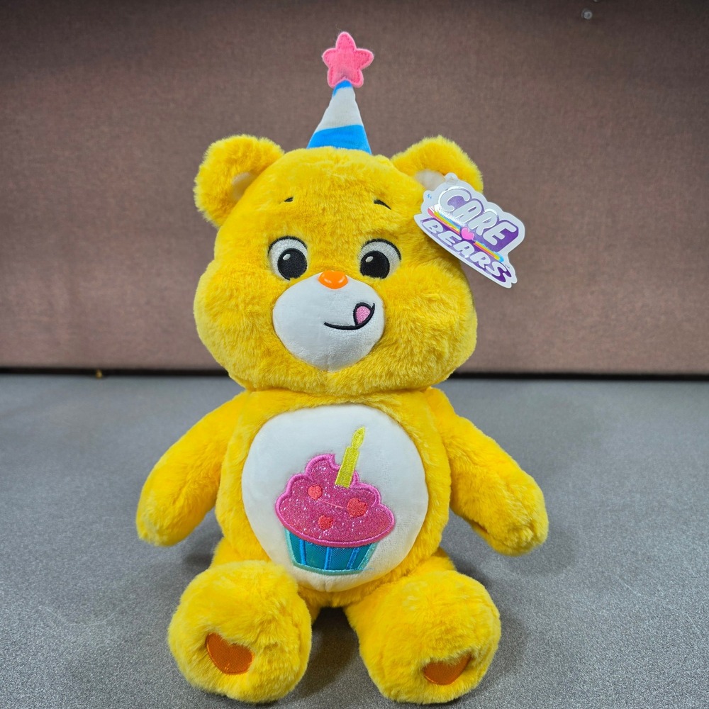Care Bears Birthday Bear Plush Kids 14" Yellow New Party Hat Cupcake Badge